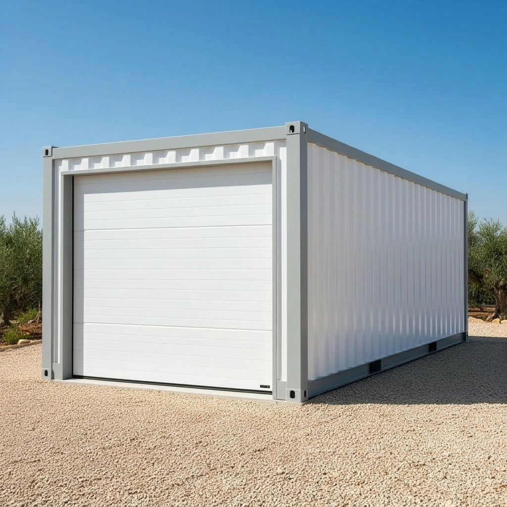 LH·Garage — módulo garaje sobre contenedor con puerta basculante